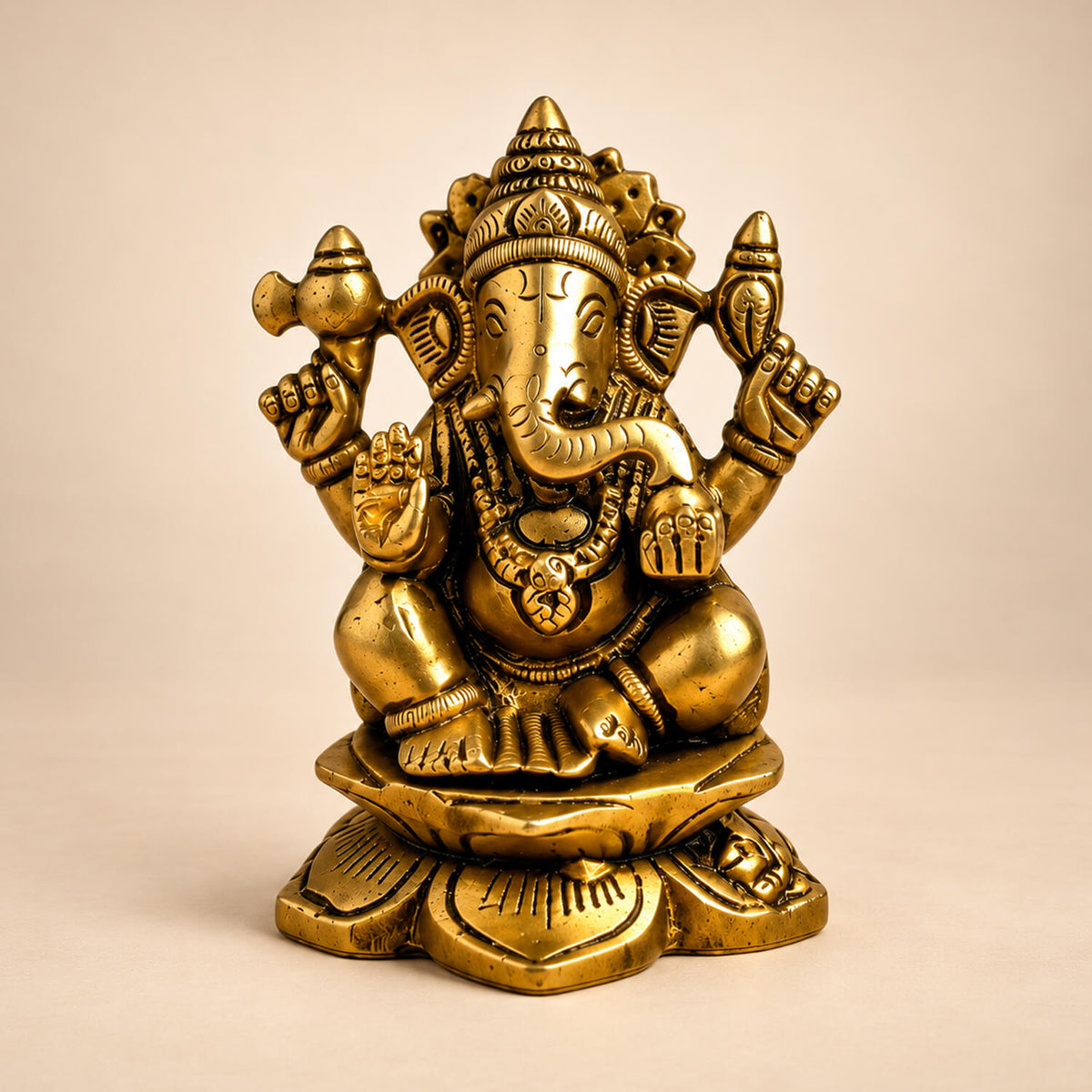 Brass Lord Ganesha Seated on Lotus 3.7 inch