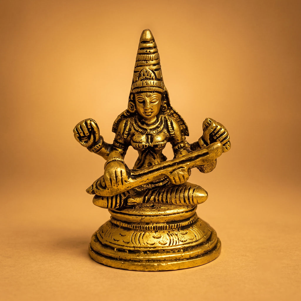 Brass Maa Saraswati Idol Sitting on Lotus 3.5 inch