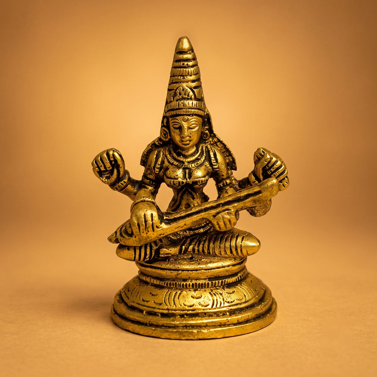 Brass Maa Saraswati Idol Sitting on Lotus 3.5 inch