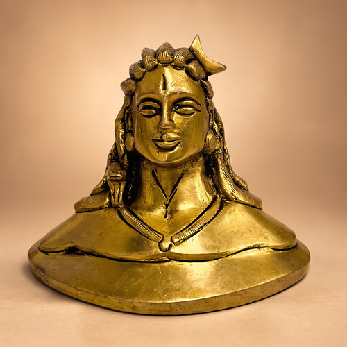 Front view of the golden-finish Brass Adiyogi idol