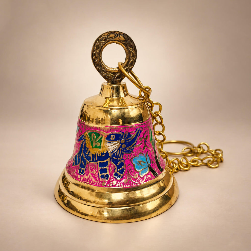 Pure Brass Ghanti with Chain for Home Temple (30cm) - Hanging Bell