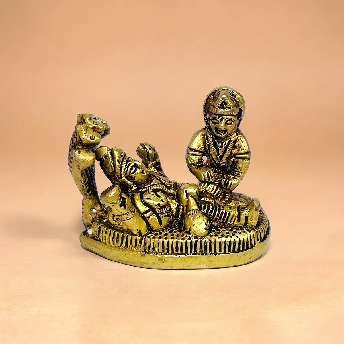 Brass Lord Vishnu reclining on Shesh Naag with Goddess Lakshmi