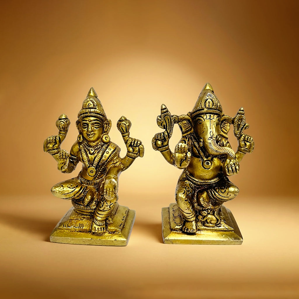 Brass Pair of Lakshmi Ganesha Idols for Diwali Gifts 3.7 inch