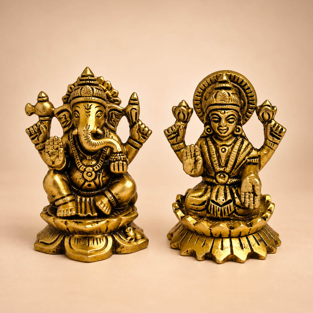 Supar Fine Brass Pair of Laxmi Ganesh Idols Seated on Lotus 2.5 inch