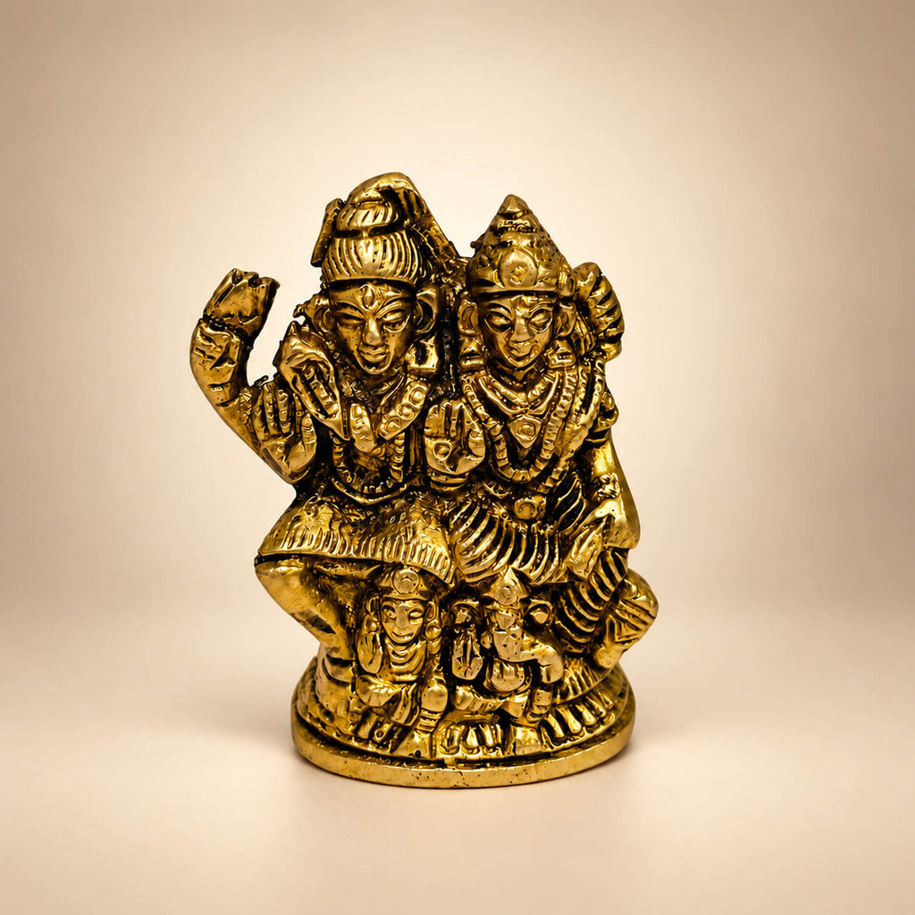 Brass Shiv Parvati Idol with Ganesh Ji Family Sculpture for Home Temple 2.7 inch