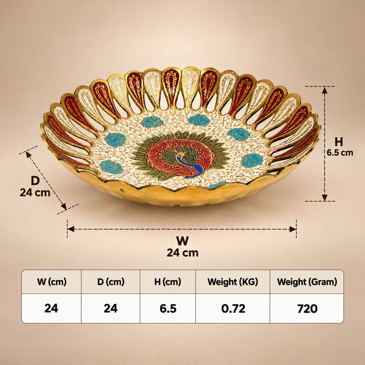Brass Decorative Meenakari Fruit Bowl with Peacock Design 2.5 inch