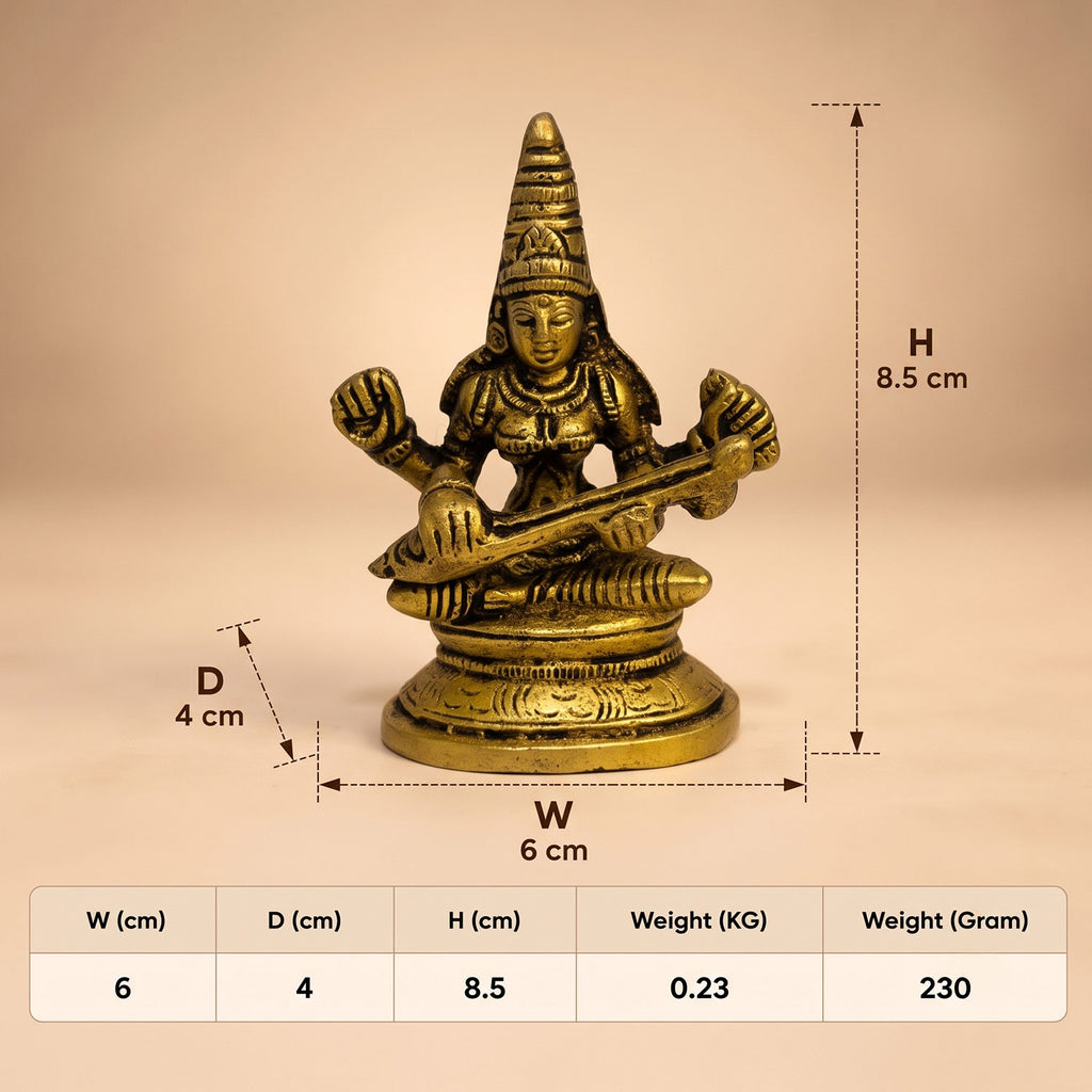 Brass Maa Saraswati Idol Sitting on Lotus 3.5 inch