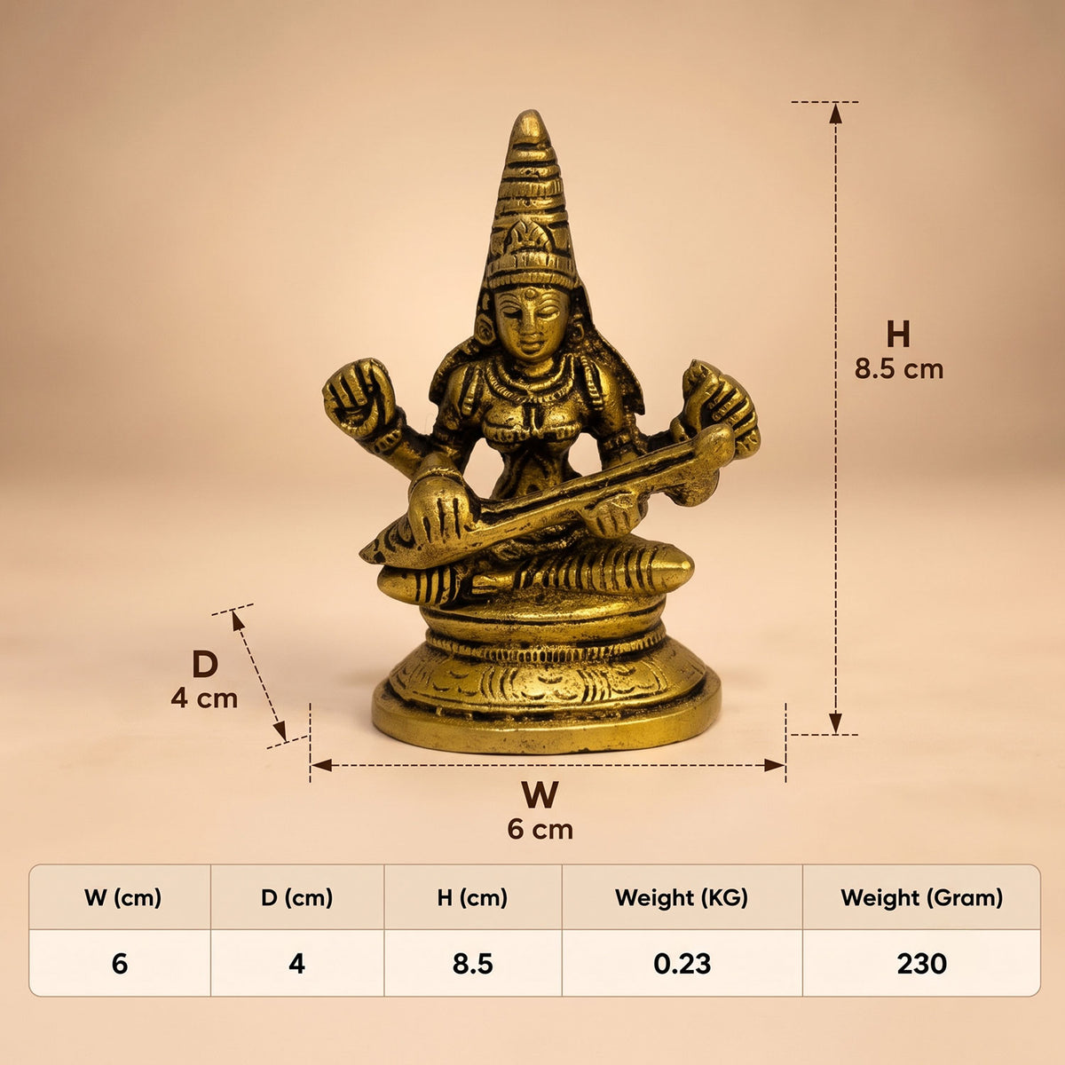 Brass Maa Saraswati Idol Sitting on Lotus 3.5 inch