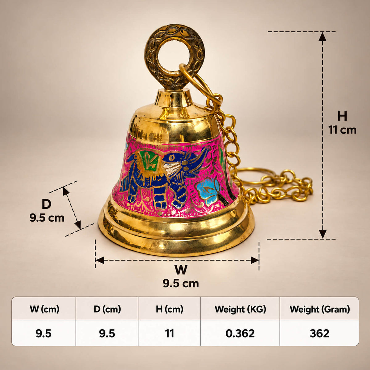 Pure Brass Ghanti with Chain for Home Temple (30cm) - Hanging Bell