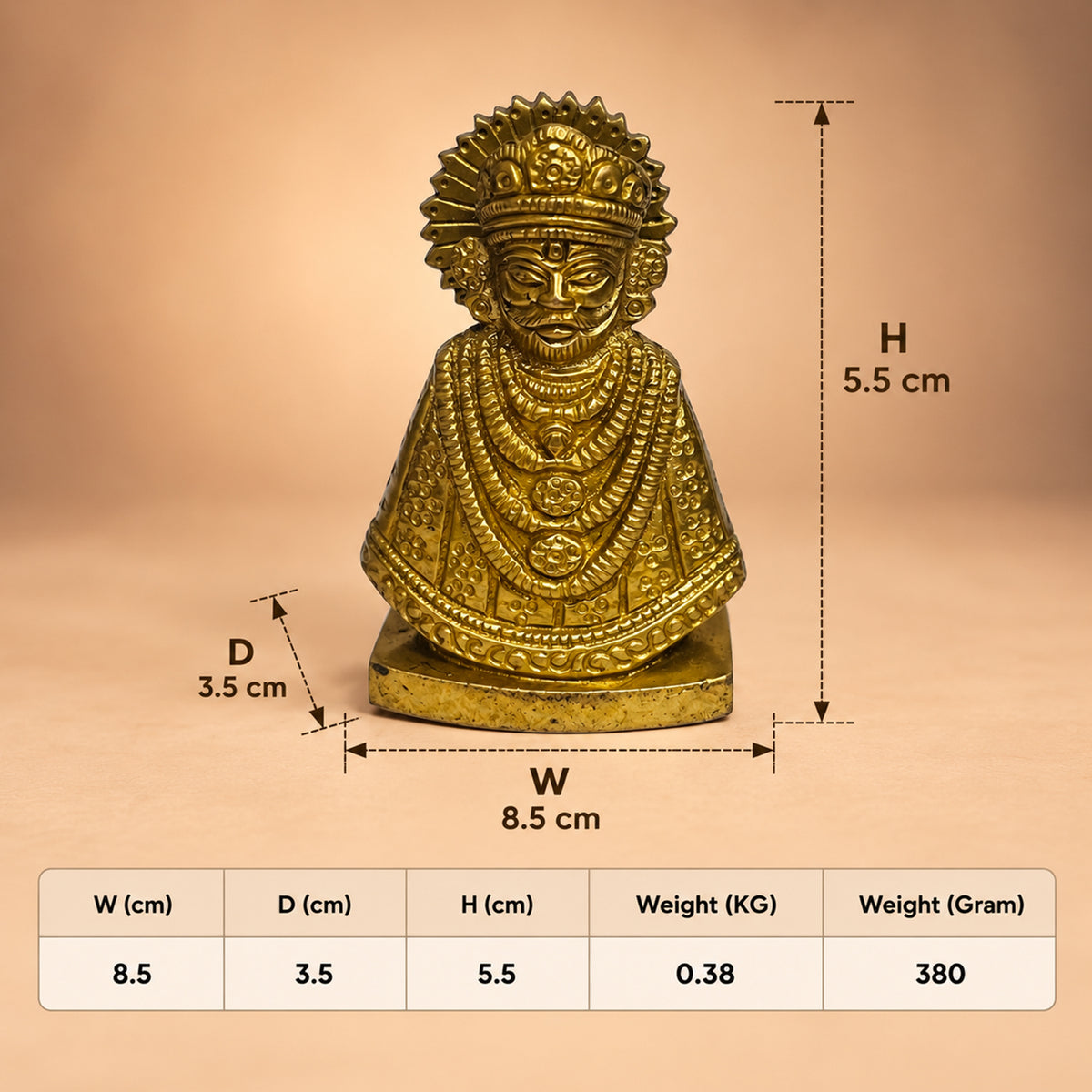 Khatu Shyam Baba brass statue showing width, depth, height and weight