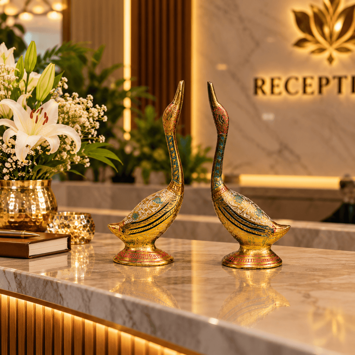 Supar Fine Brass Pair of Swan Statue for Side Table 7.4 inch