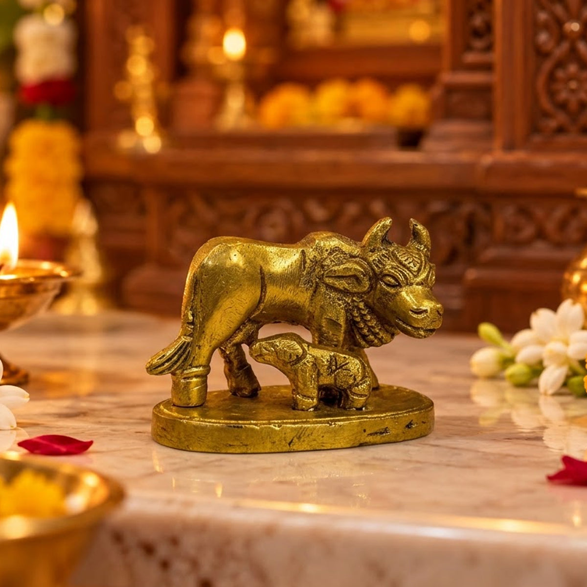 Pure Supar Fine Brass Kamdhenu Cow with Calf Vastu Idol 1.1 inch