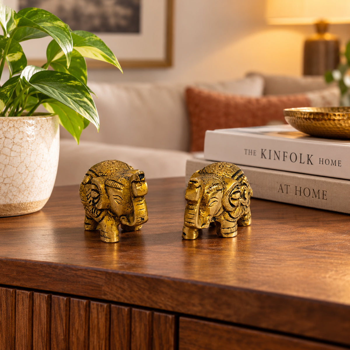 Supar Fine Brass Elephant Trunk Up Pair for Home & Office Decor 1.7 inch