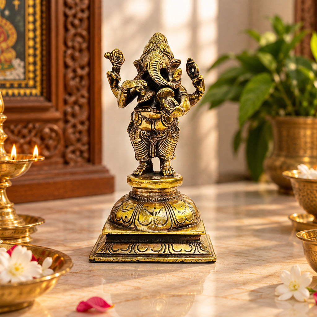 Brass Standing Ganesha idol dimensions and weight: 9 × 9 × 17 cm, 1.34 kg
