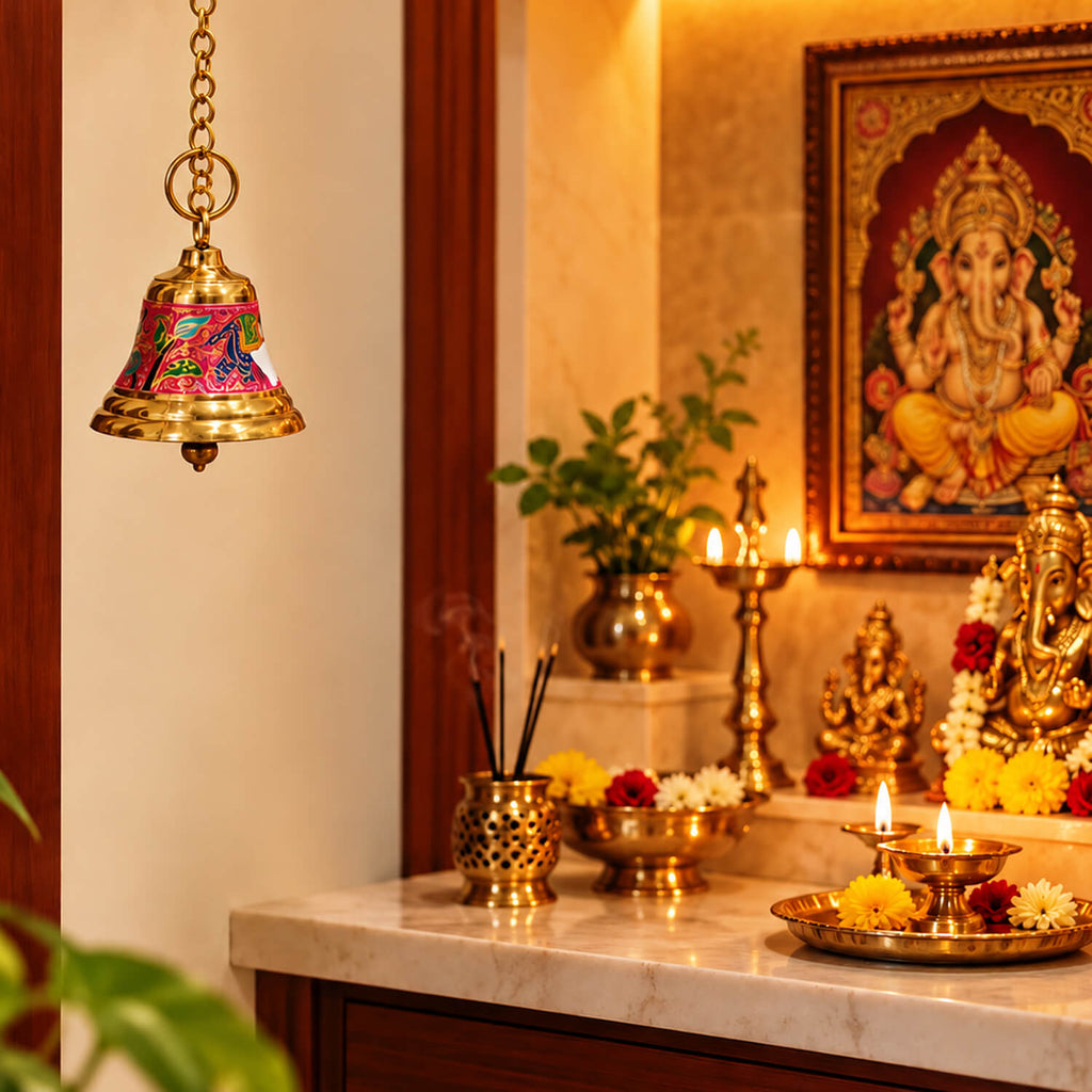 Pure Brass Ghanti with Chain for Home Temple (30cm) - Hanging Bell