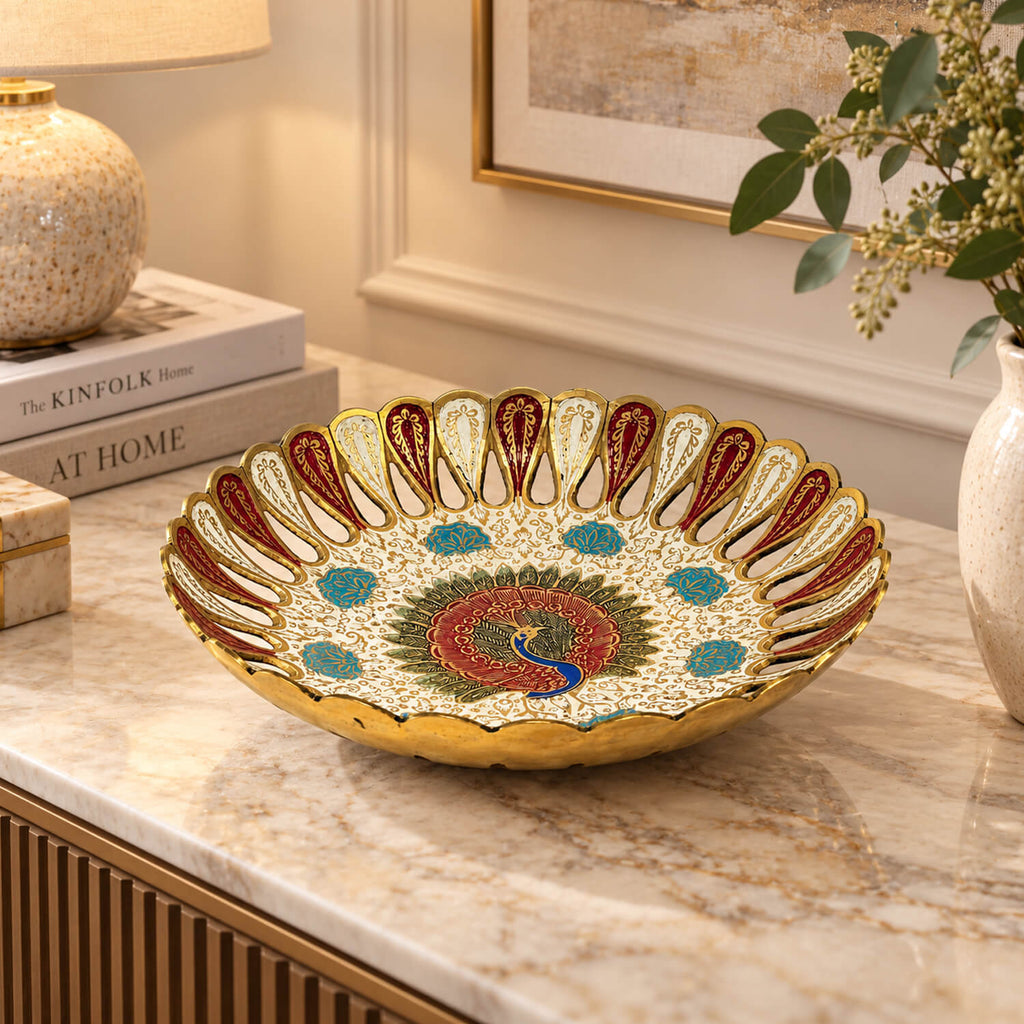 Brass Decorative Meenakari Fruit Bowl with Peacock Design 2.5 inch
