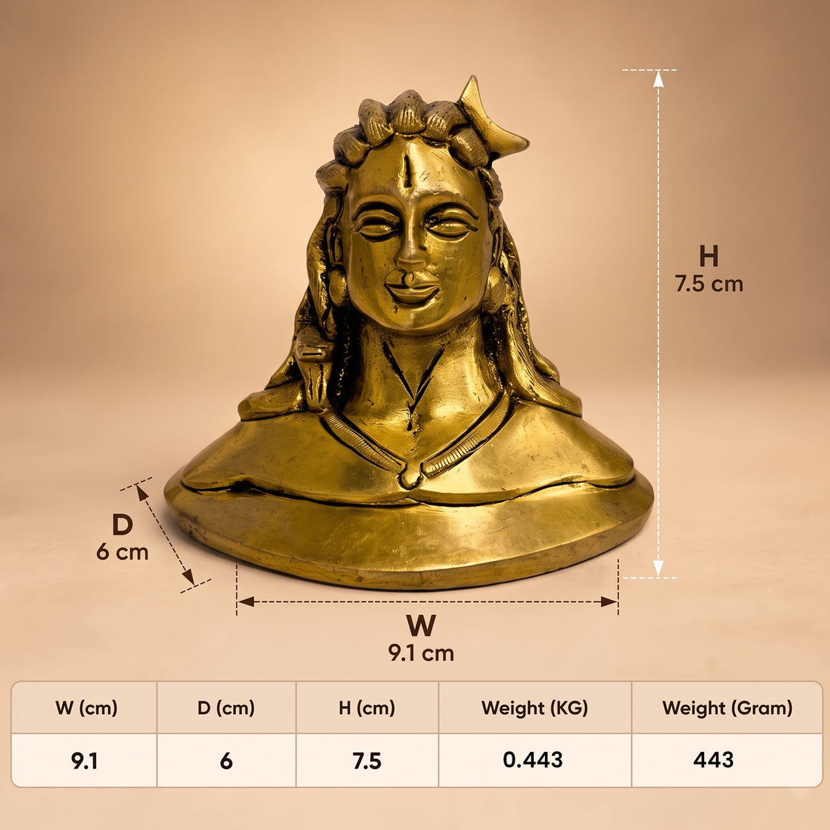 Brass Adiyogi idol dimensions and weight: 9.1 × 6 × 7.5 cm, 443 g