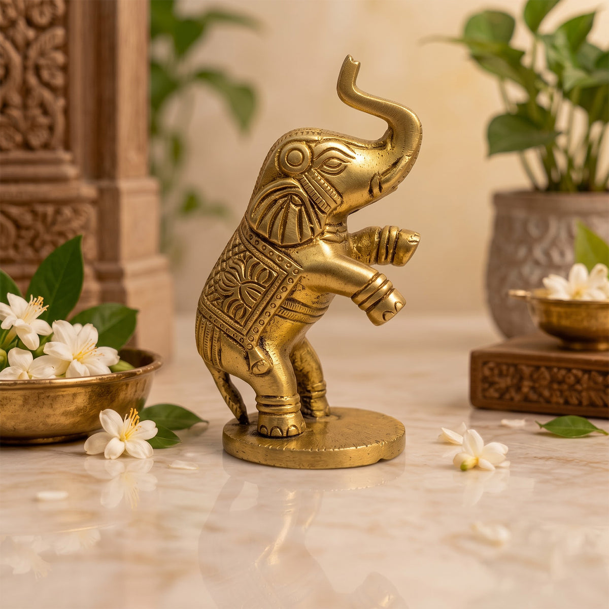 Brass Jumping Cute Elephant for Home Decor Showpiece 4 inch