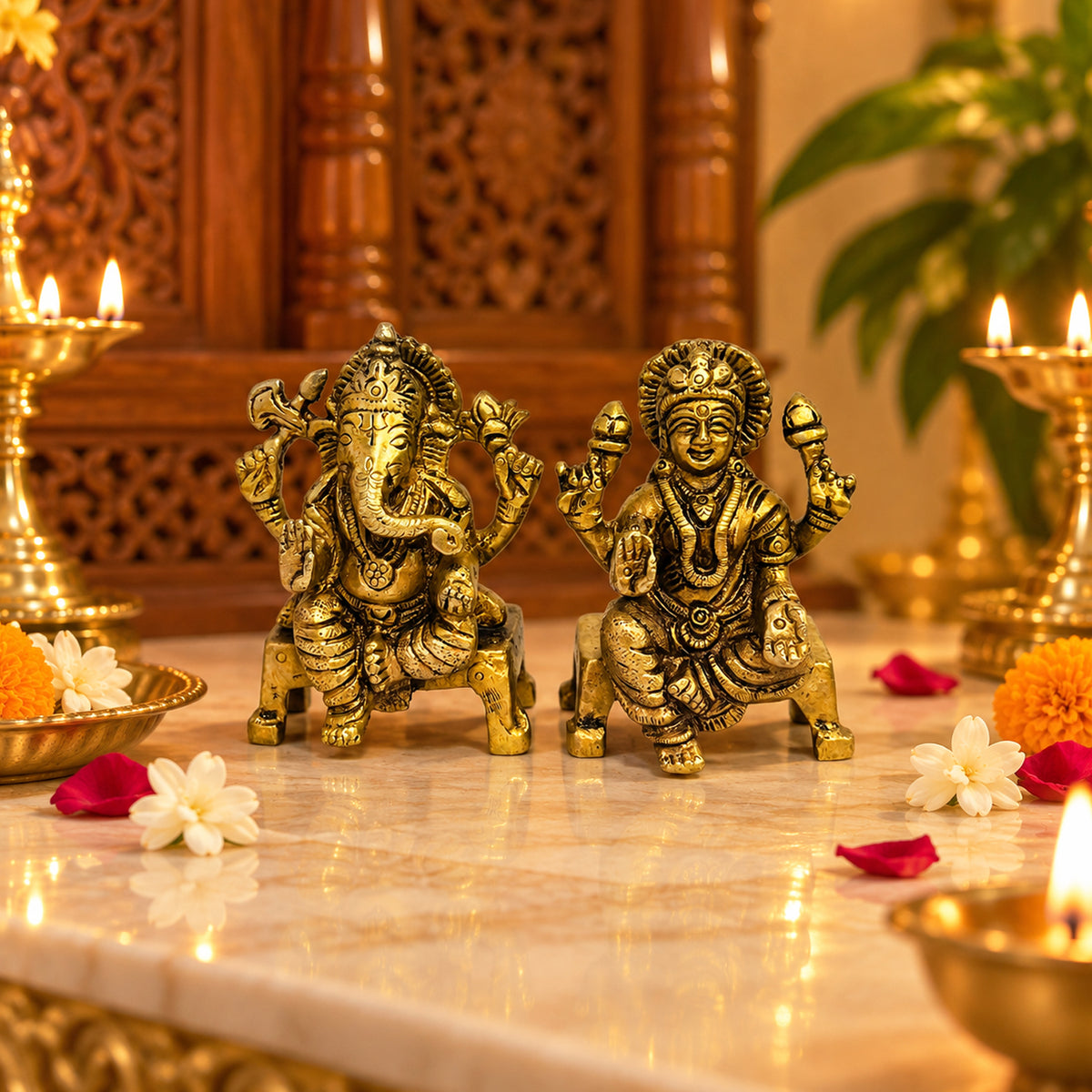 Brass Beautifully Carved Laxmi Ganpati Murti with Aasan 3.5 inch