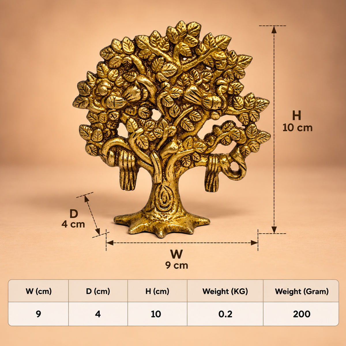 Brass Kalpavriksha idol dimensions: 10 cm height, 9 cm width, 4 cm depth and 200 g weight