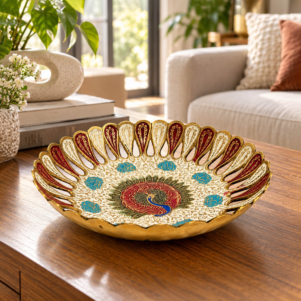 Brass Decorative Meenakari Fruit Bowl with Peacock Design 2.5 inch