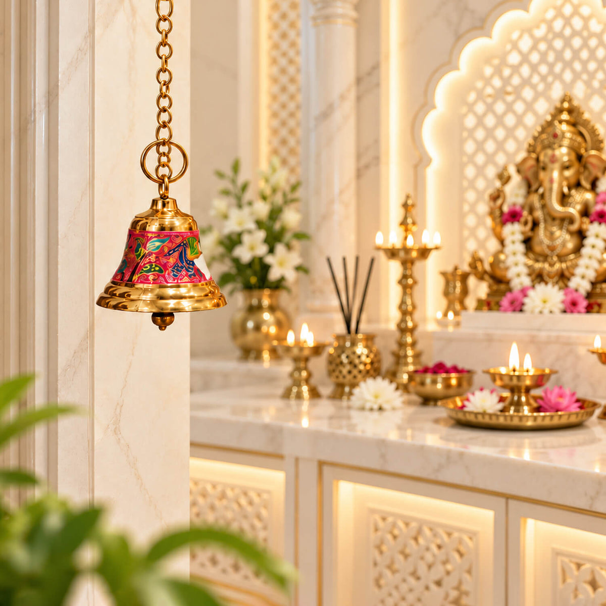 Pure Brass Ghanti with Chain for Home Temple (30cm) - Hanging Bell