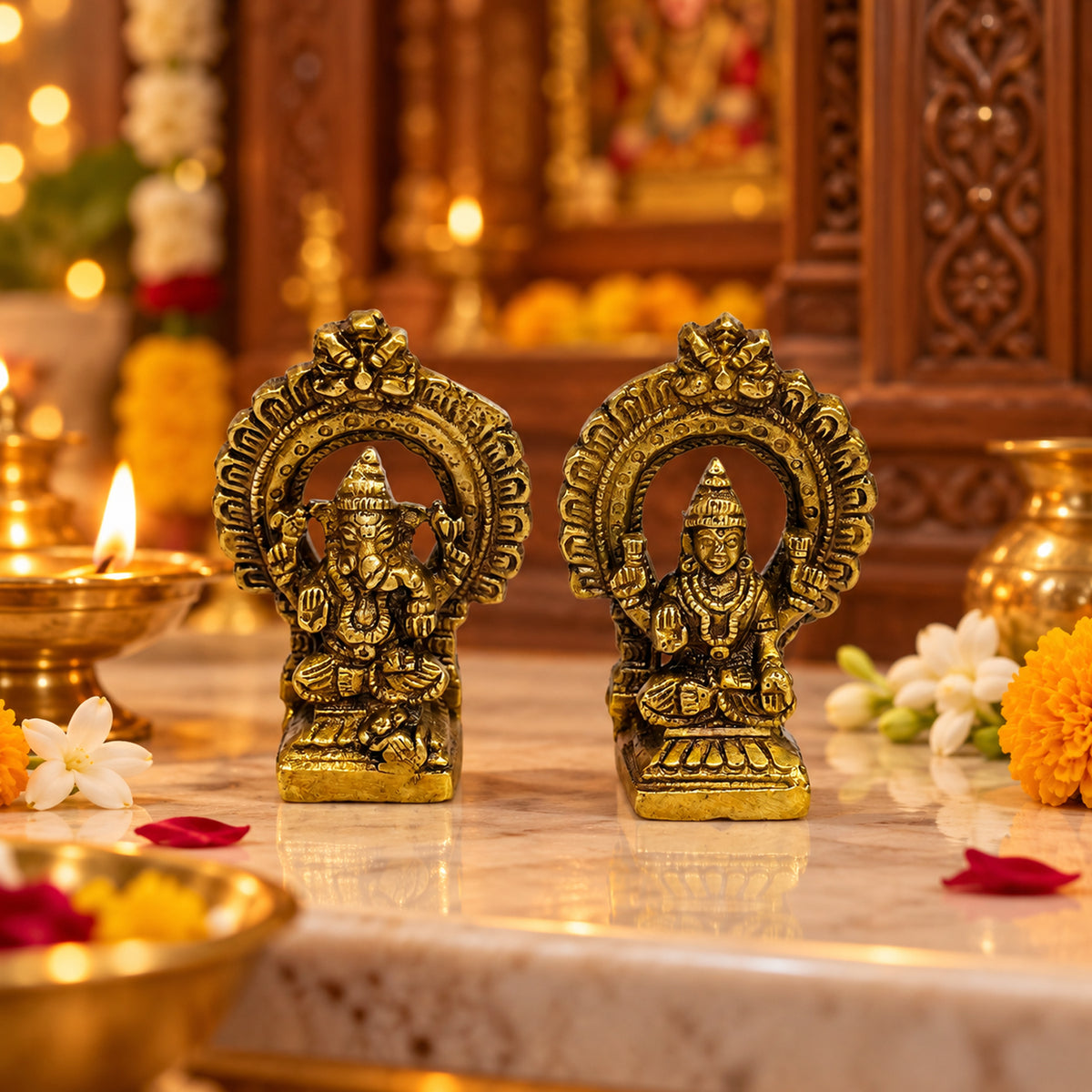 Brass Small Lakshmi and Ganesha Idols for Diwali Gifts 2.5 inch