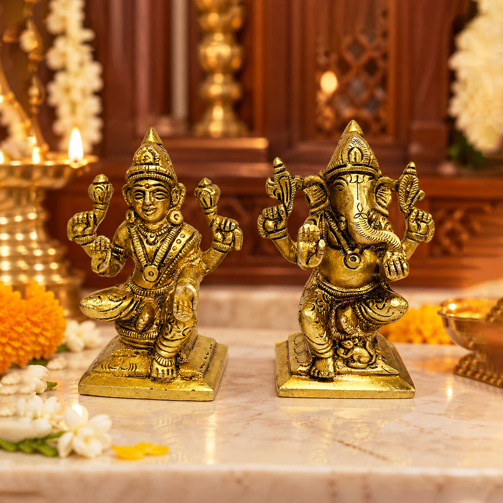 Brass Pair of Lakshmi Ganesha Idols for Diwali Gifts 3.7 inch