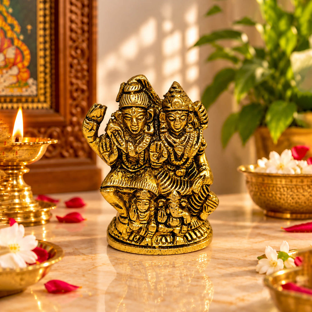 Brass Shiv Parvati Idol with Ganesh Ji Family Sculpture for Home Temple 2.7 inch