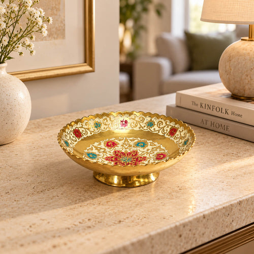 Brass 6 Flower Meenakari Colorful Fruit Bowl for Home Decor 1.5 inch