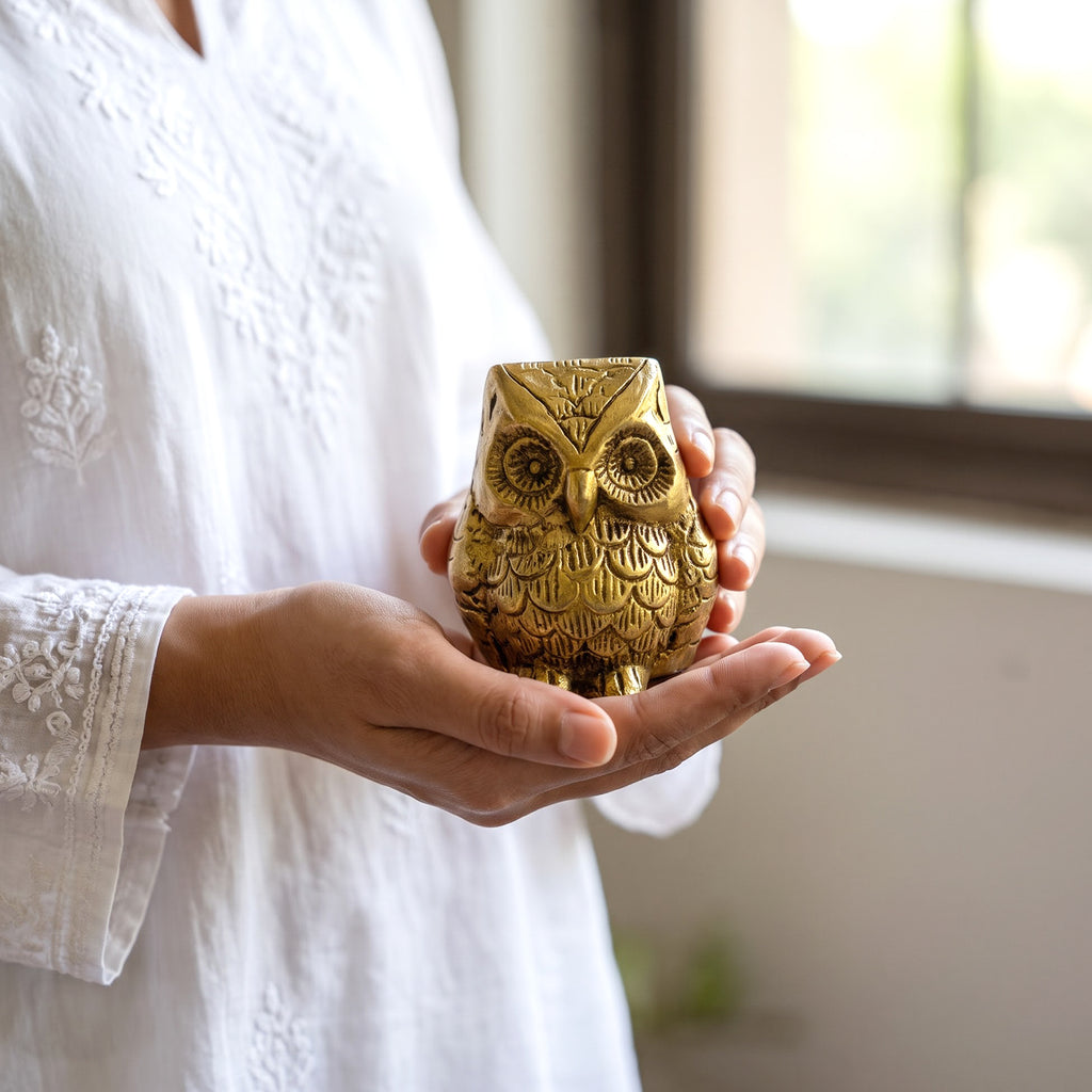 Pure Brass Owl Figurine for Vastu and Symbol of Wisdom 2.5 inch