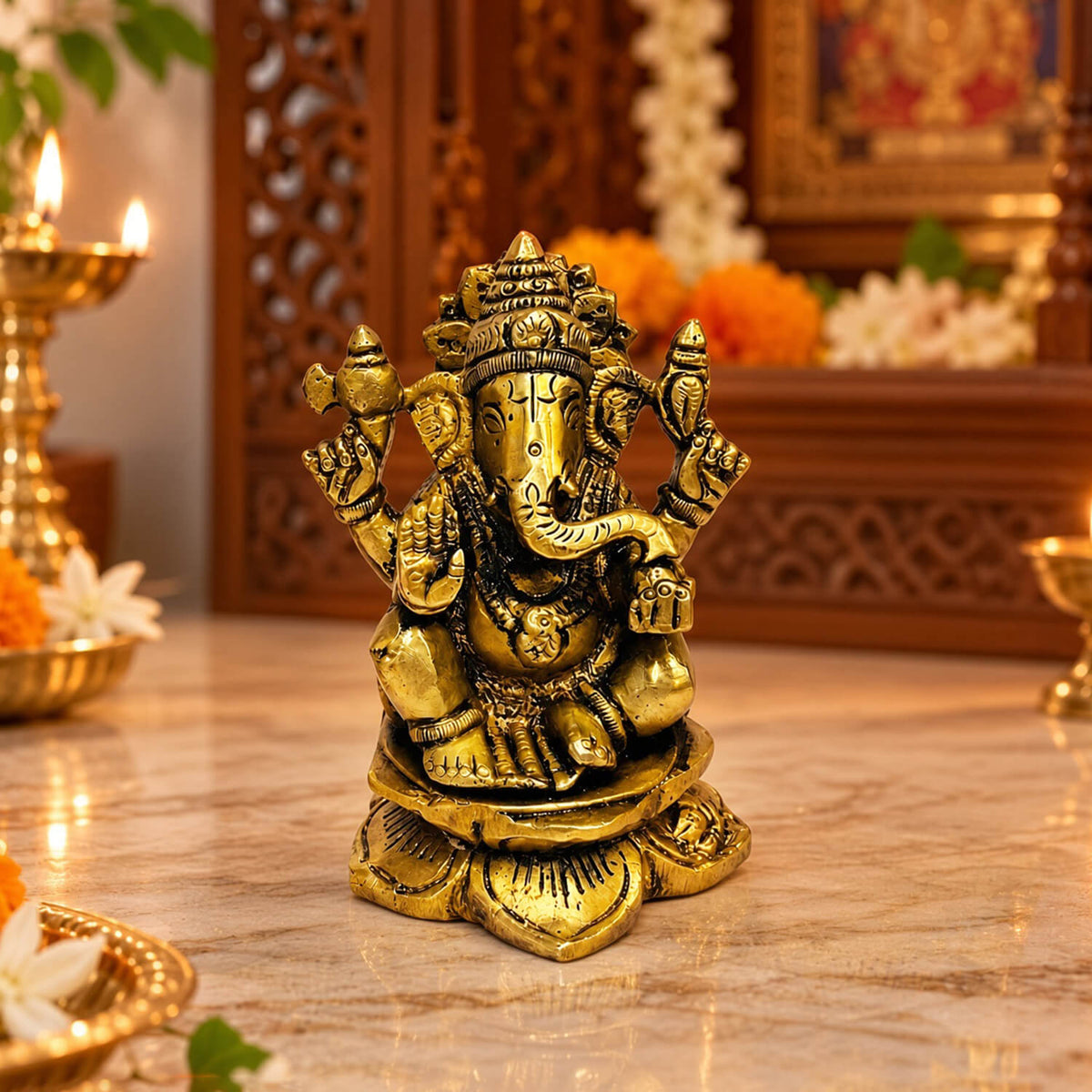 Brass Lord Ganesha Seated on Lotus 3.7 inch