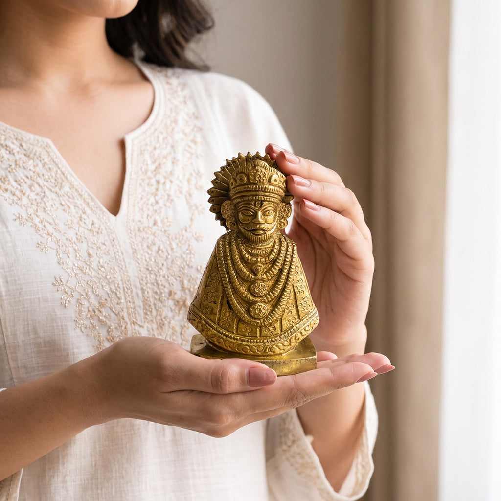 Close-up of the detailed golden-finish brass statue