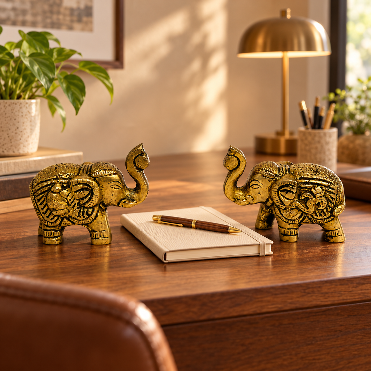 Supar Fine Brass Elephant Trunk Up Pair for Home & Office Decor 1.7 inch