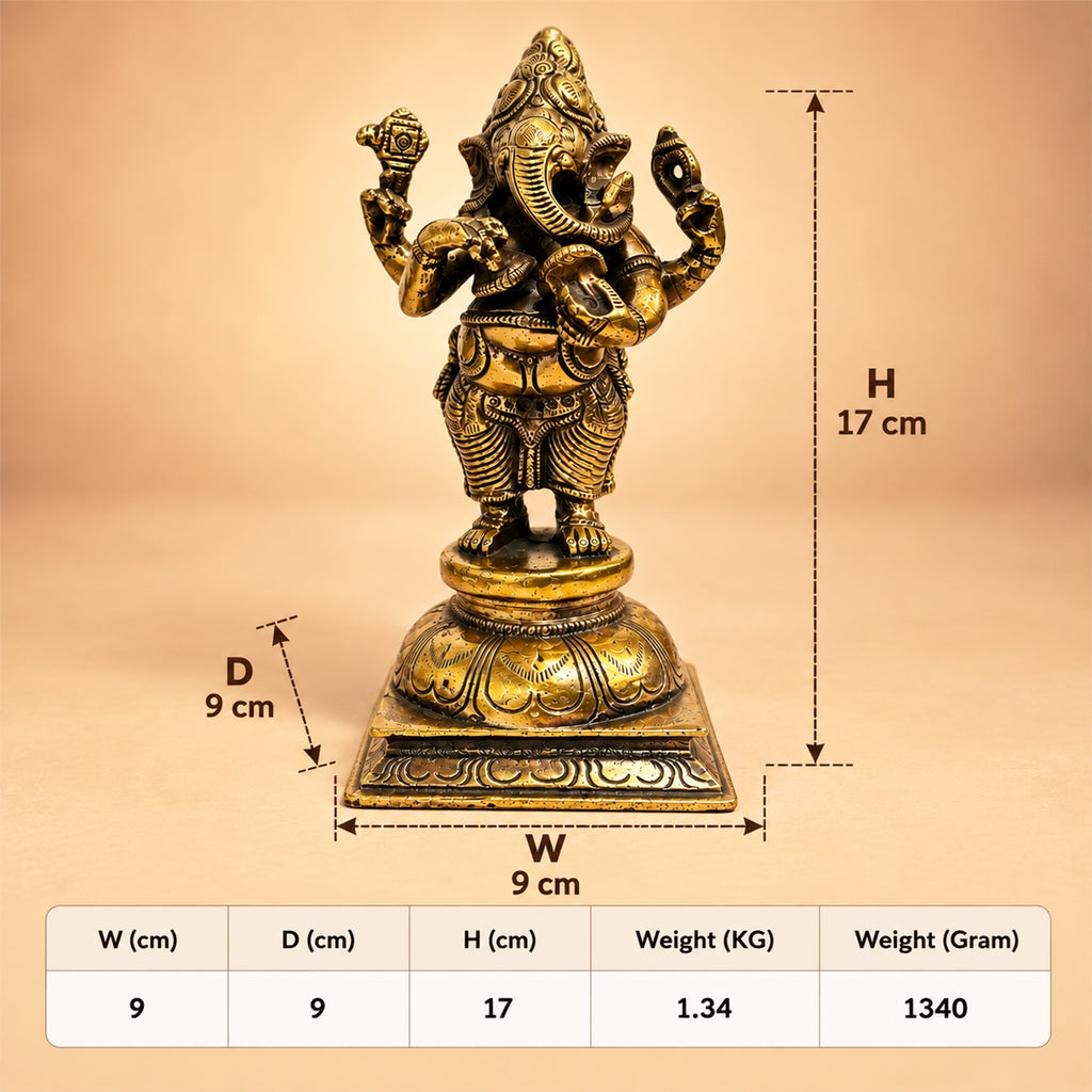 Brass Standing Ganesha idol displayed in a home temple