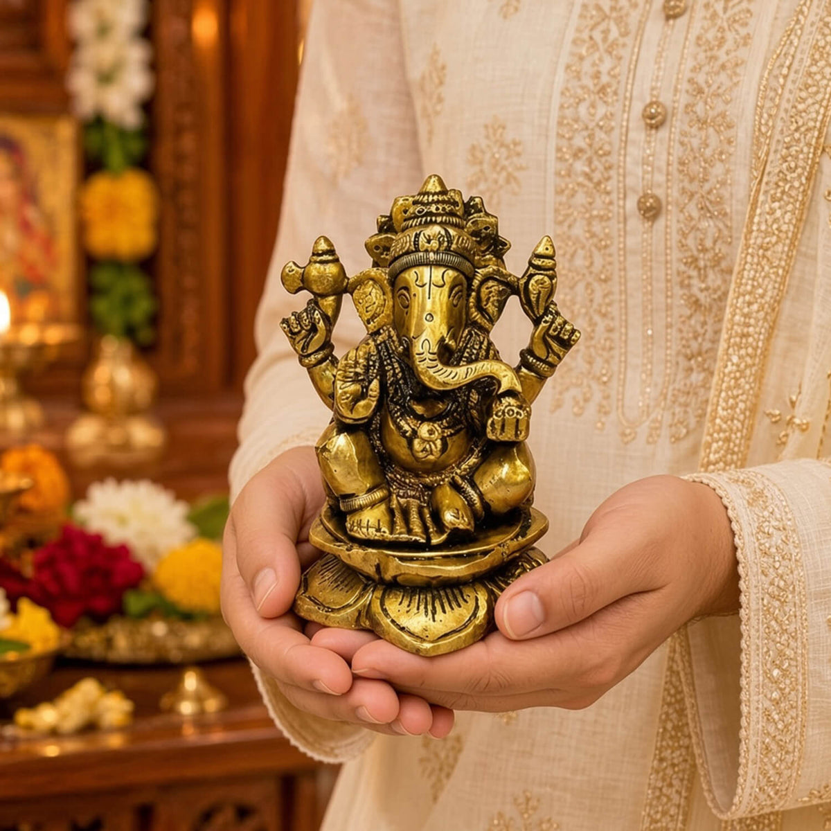 Brass Lord Ganesha Seated on Lotus 3.7 inch