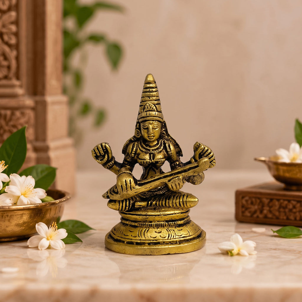 Brass Maa Saraswati Idol Sitting on Lotus 3.5 inch