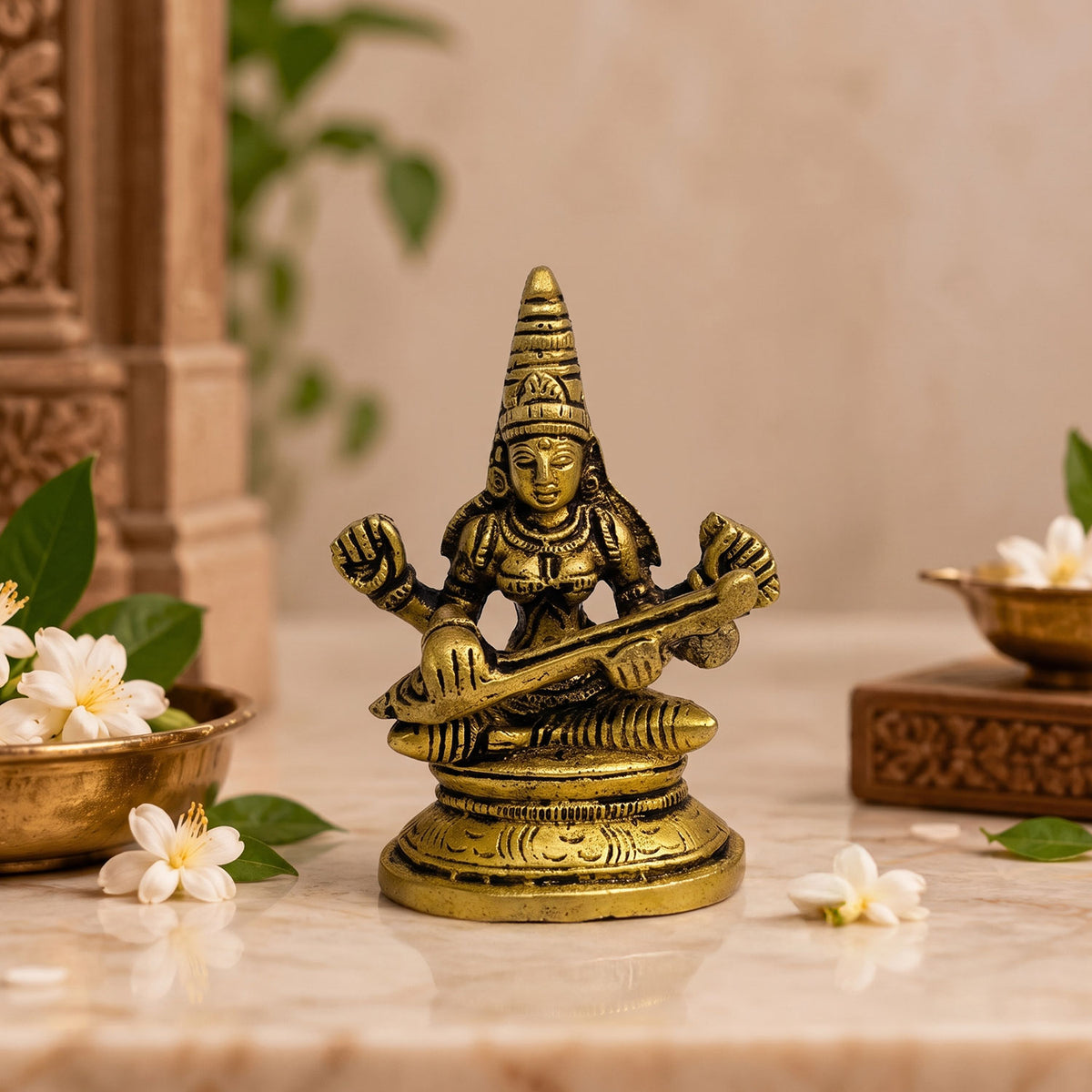 Brass Maa Saraswati Idol Sitting on Lotus 3.5 inch