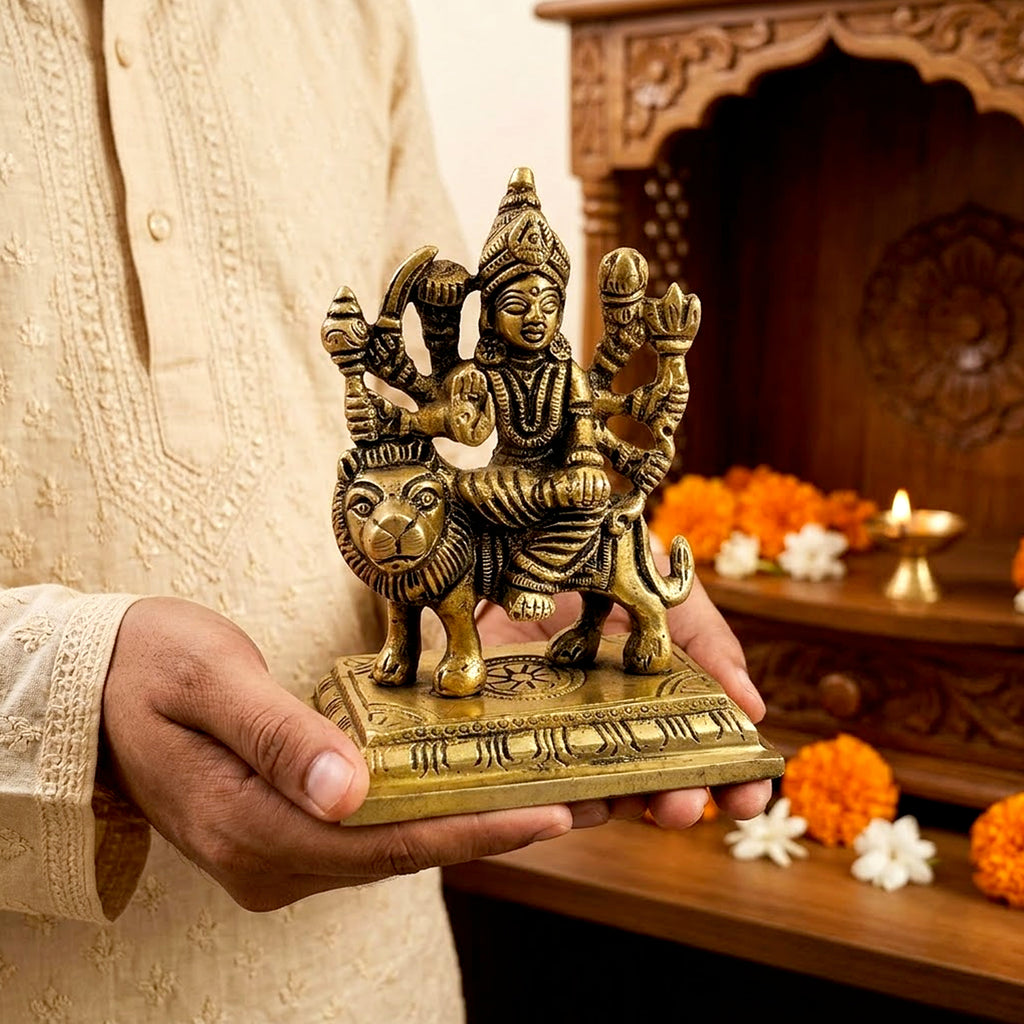 Brass Maa Durga Idol Antique Murti for Navratri Puja 4.1 inch