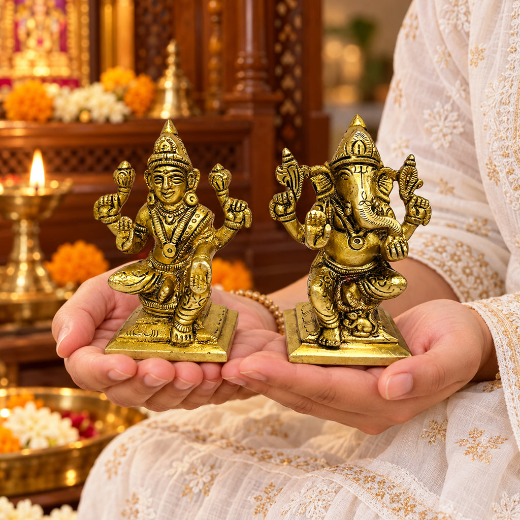 Brass Pair of Lakshmi Ganesha Idols for Diwali Gifts 3.7 inch