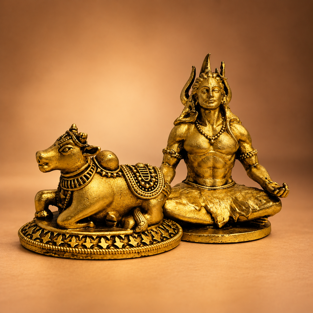 Antique Brass, Adiyogi Shiva & Nandi Statue 1.5" Idol for Pooja, Decor, Car Dashboard, Home and Office