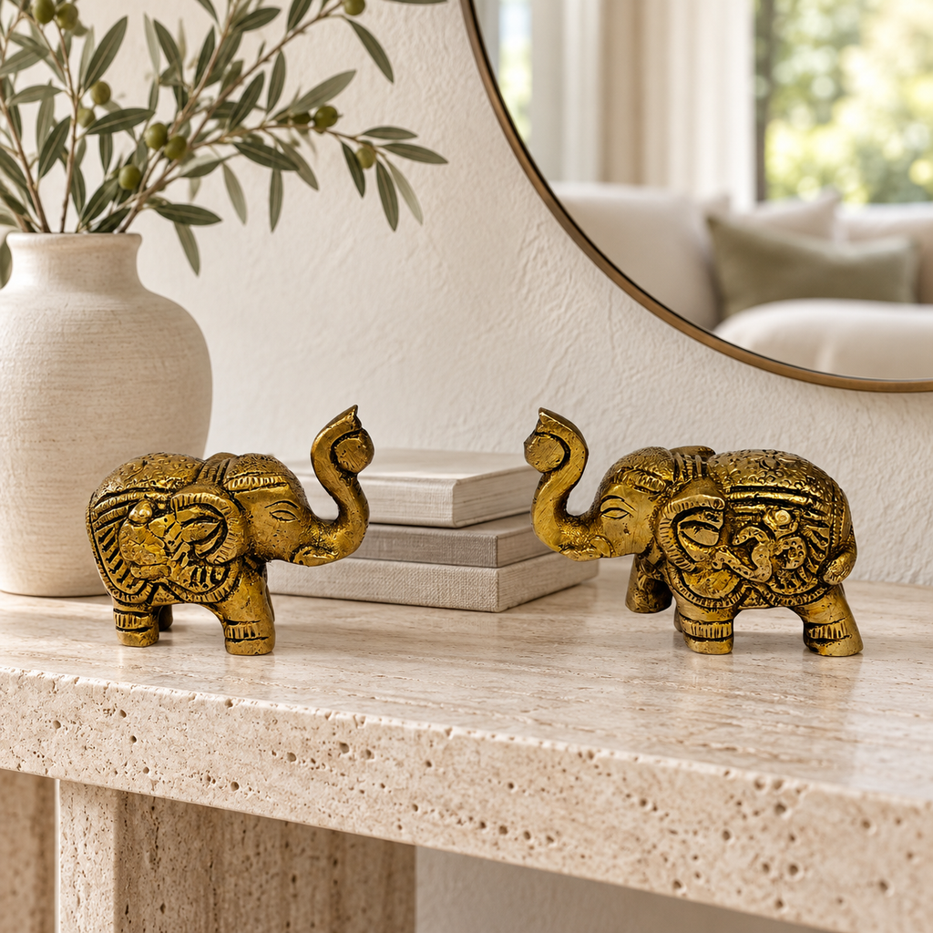 Supar Fine Brass Elephant Trunk Up Pair for Home & Office Decor 1.7 inch