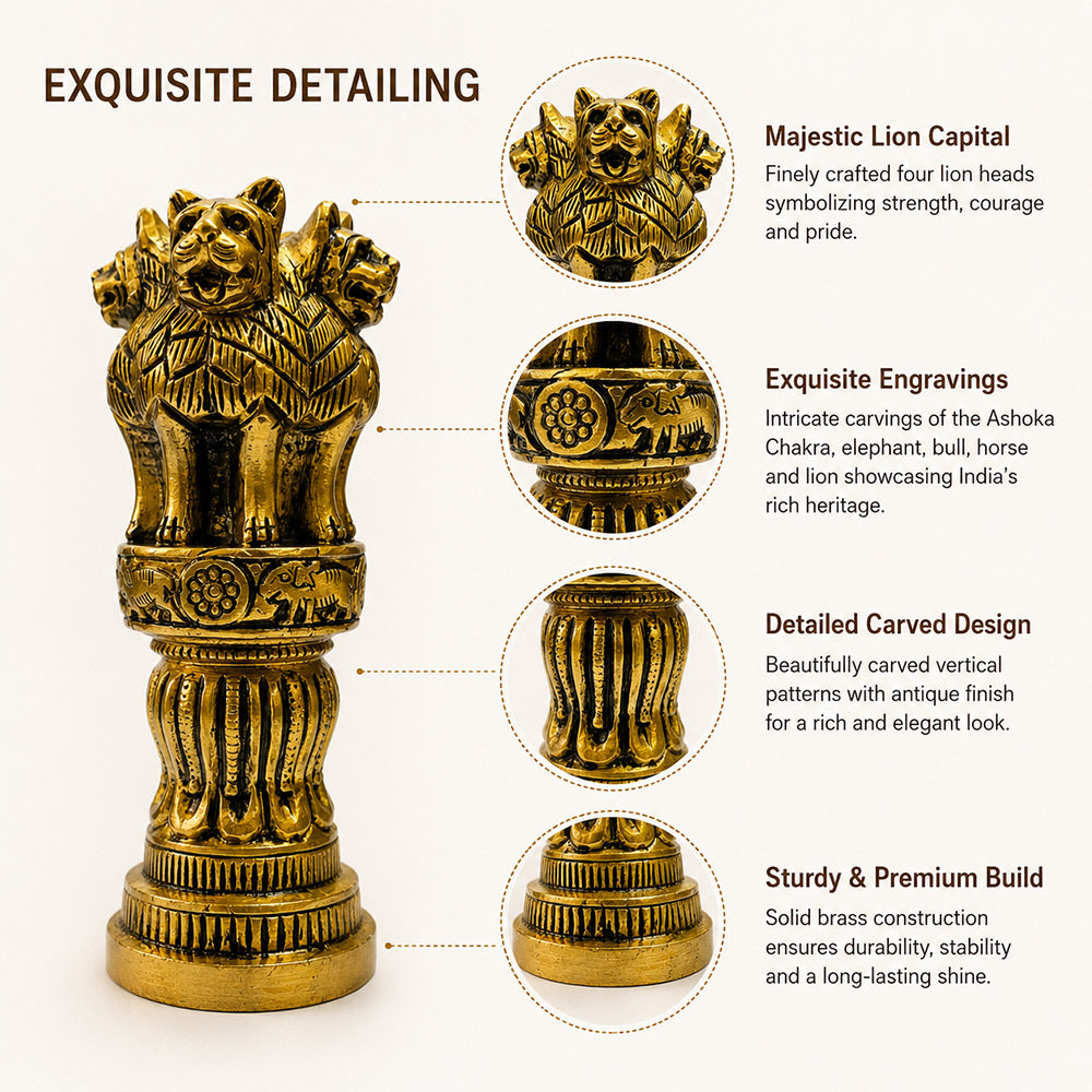 Brass Ashok Pillar on wooden desk with books and pen