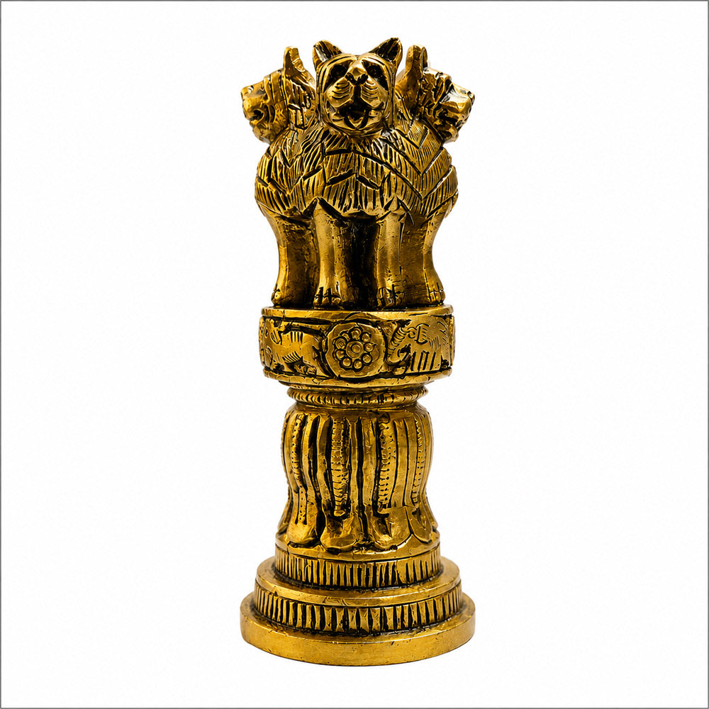 Brass Ashok Pillar statue on white background
