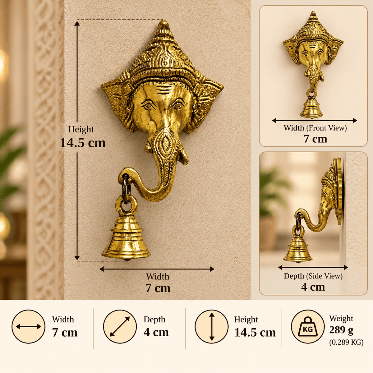 Decorative Supar Fine Brass Ganesha Wall Hanging with Bell 5.7 inch