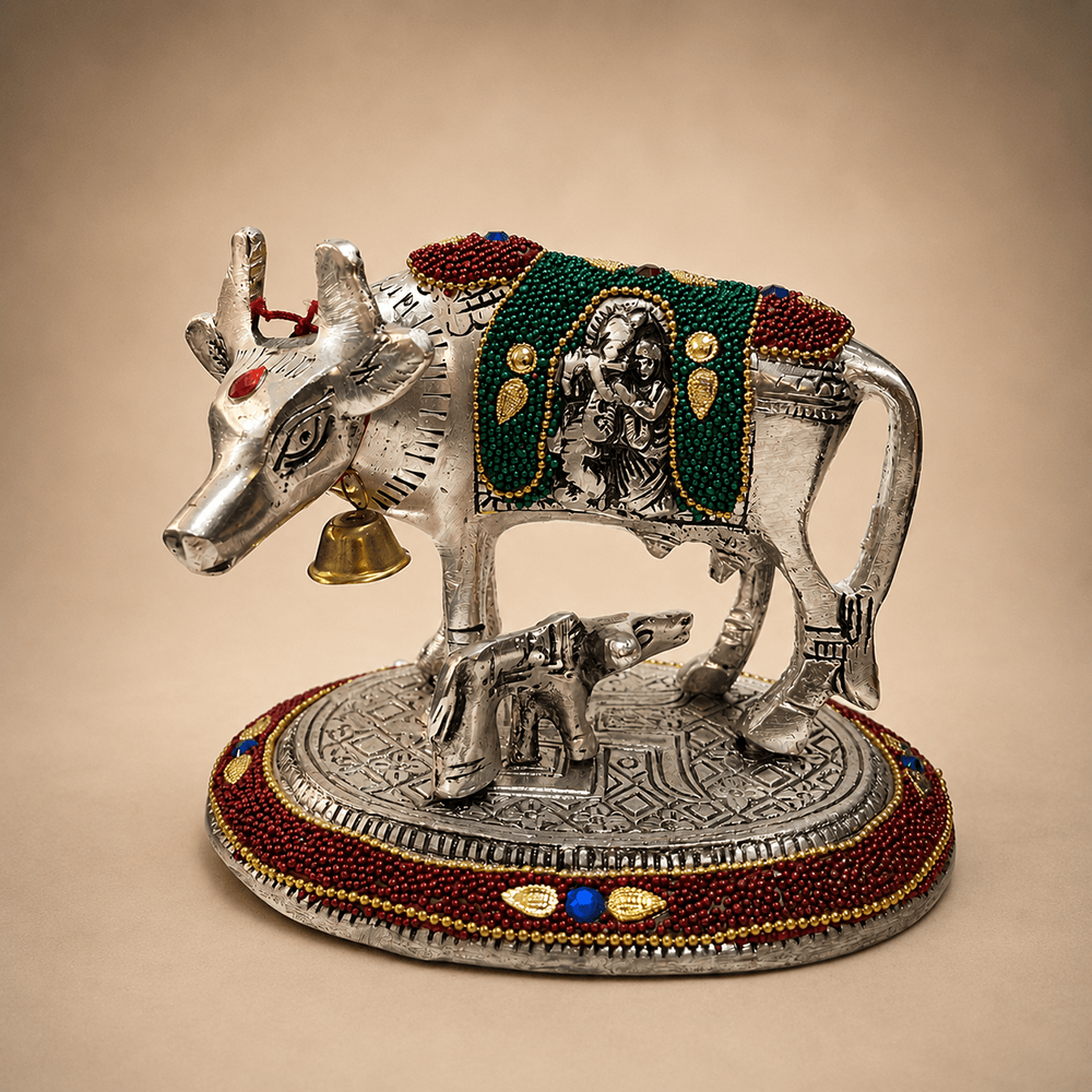 Silver Plated Kamdhenu Cow and Calf Idol for Vastu & Home Decor