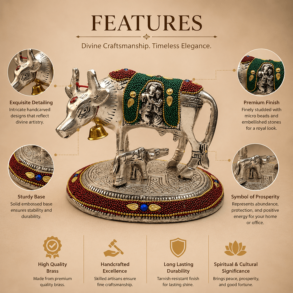 Silver Plated Kamdhenu Cow and Calf Idol for Vastu & Home Decor