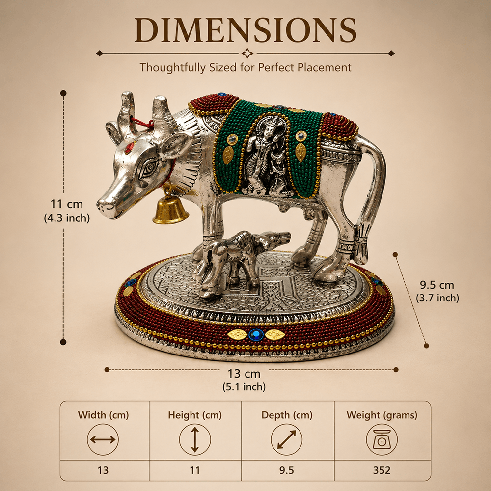 Silver Plated Kamdhenu Cow and Calf Idol for Vastu & Home Decor