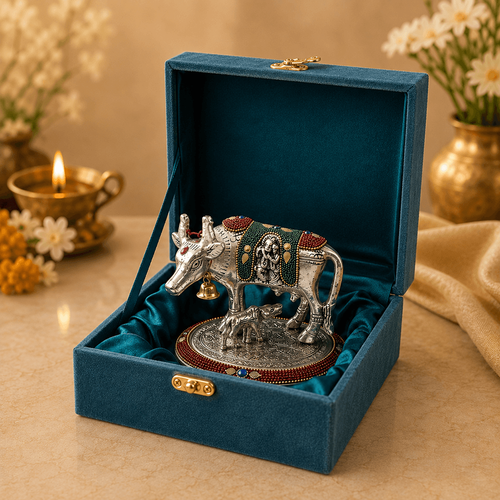 Silver Plated Kamdhenu Cow and Calf Idol for Vastu & Home Decor