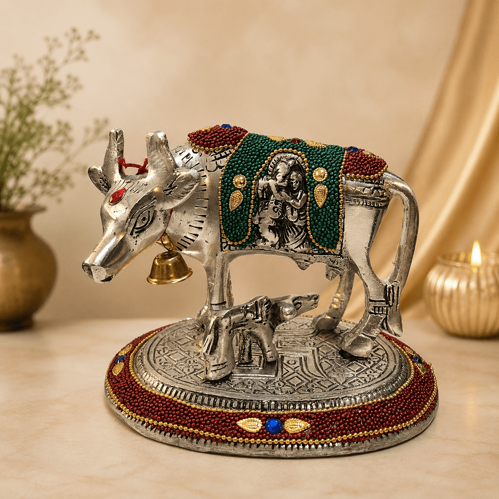 Silver Plated Kamdhenu Cow and Calf Idol for Vastu & Home Decor